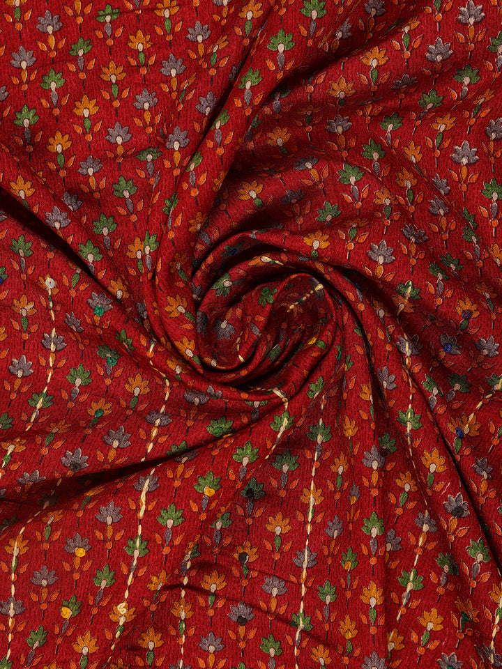 Red Floral Designed Kantha Work Chanderi Cotton Saree - Diadem