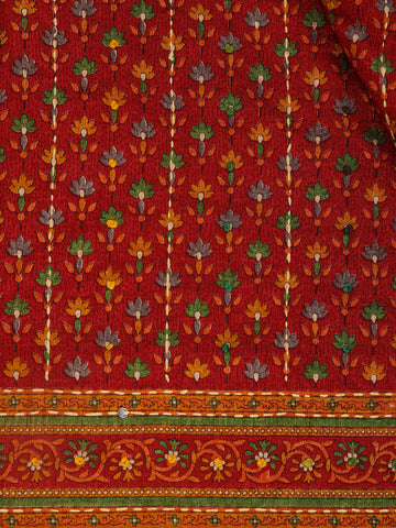 Red Floral Designed Kantha Work Chanderi Cotton Saree - Diadem