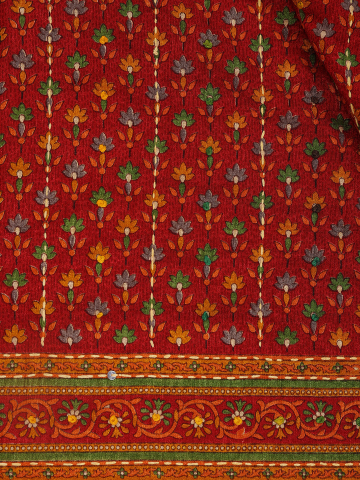 Red Floral Designed Kantha Work Chanderi Cotton Saree - Diadem