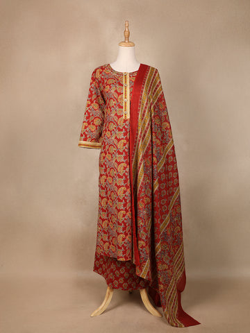 Red Floral Designed Cotton Salwar Suit - Diadem