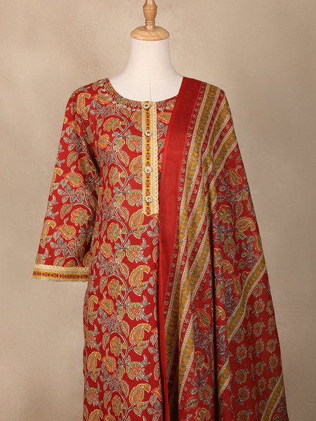 Red Floral Designed Cotton Salwar Suit - Diadem