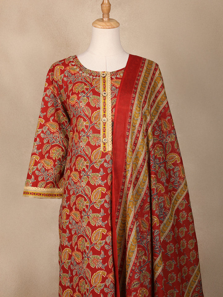 Red Floral Designed Cotton Salwar Suit - Diadem