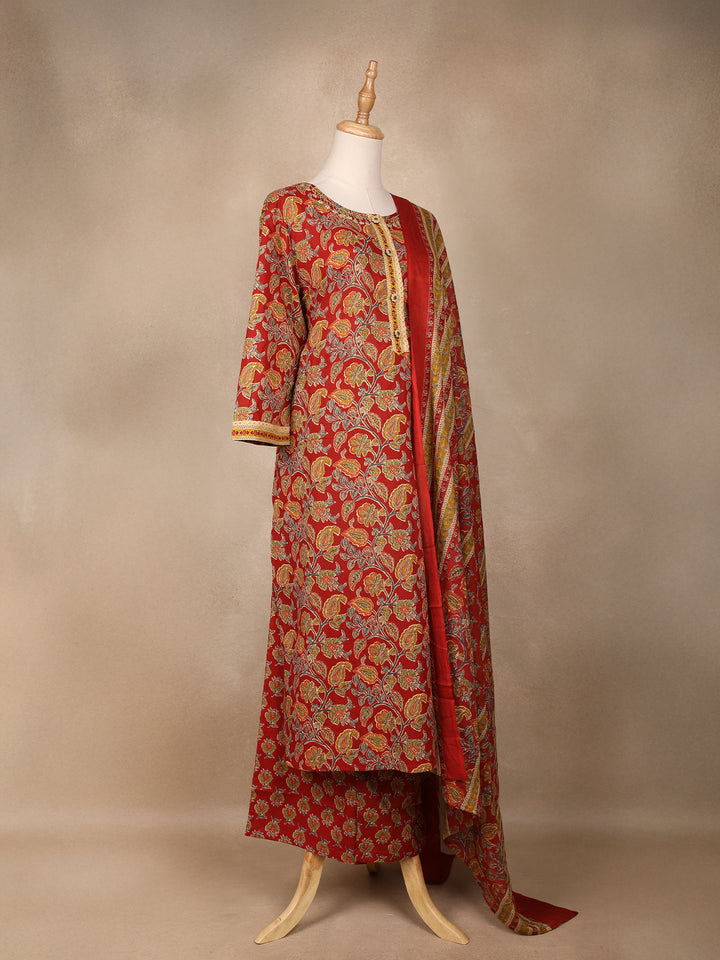 Red Floral Designed Cotton Salwar Suit - Diadem