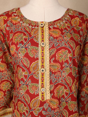 Red Floral Designed Cotton Salwar Suit - Diadem