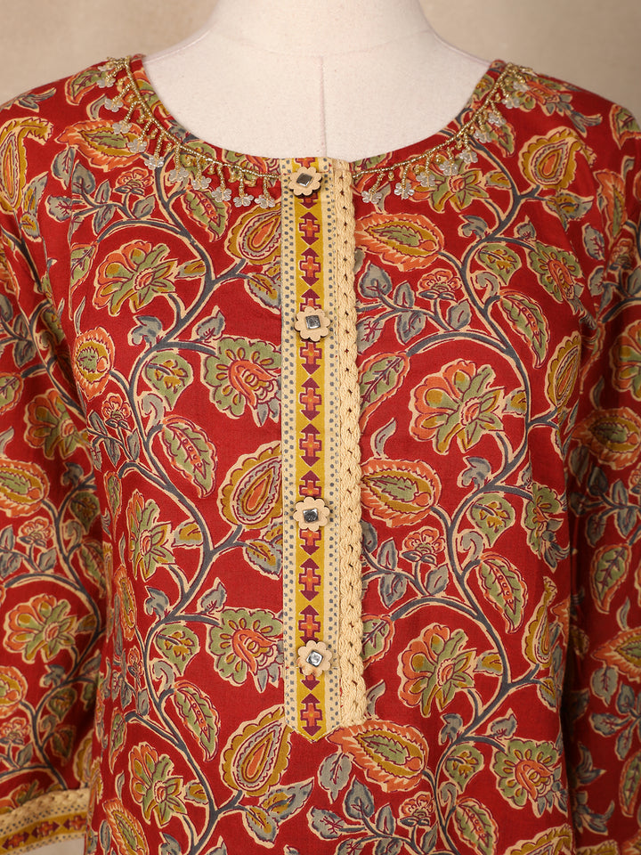 Red Floral Designed Cotton Salwar Suit - Diadem
