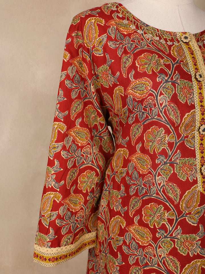Red Floral Designed Cotton Salwar Suit - Diadem