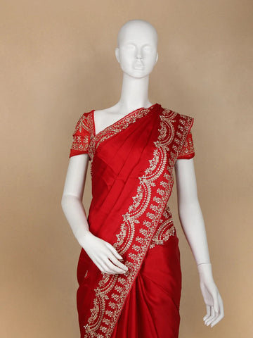 Red Floral Designed Satin Fancy Saree - Diadem