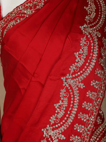 Red Floral Designed Satin Fancy Saree - Diadem