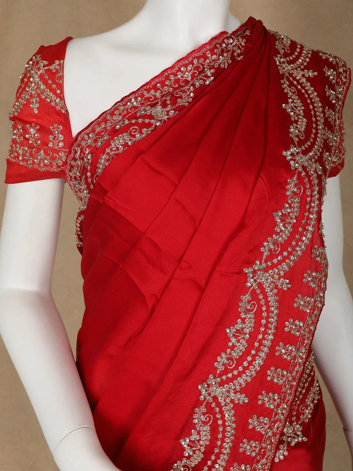 Red Floral Designed Satin Fancy Saree - Diadem