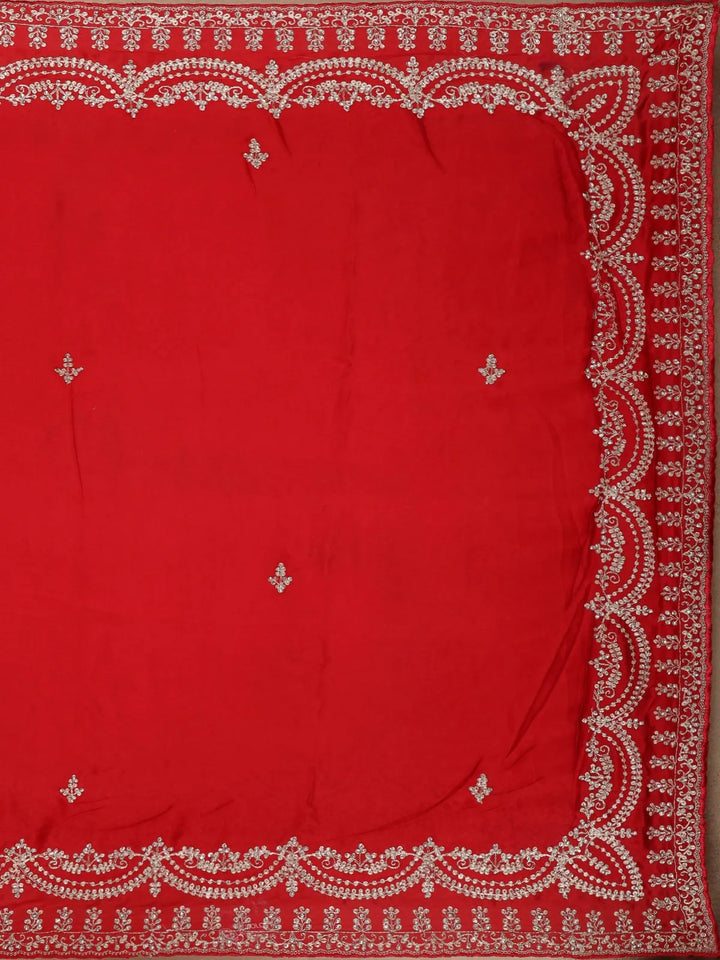 Red Floral Designed Satin Fancy Saree - Diadem