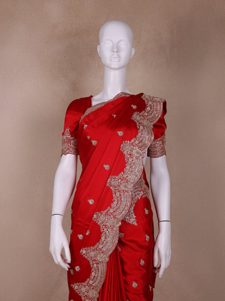 Red Floral Designed Satin Saree - Diadem