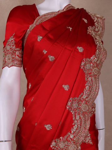 Red Floral Designed Satin Saree - Diadem