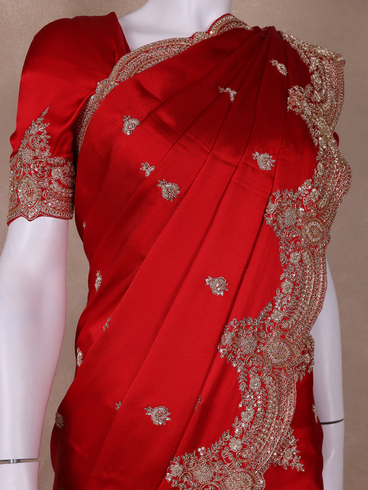 Red Floral Designed Satin Saree - Diadem
