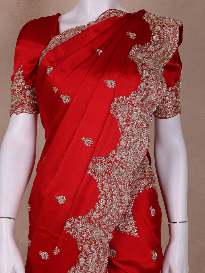Red Floral Designed Satin Saree - Diadem