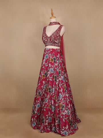Red Floral Designed Semi Silk Bridesmaid Lehenga - Diadem