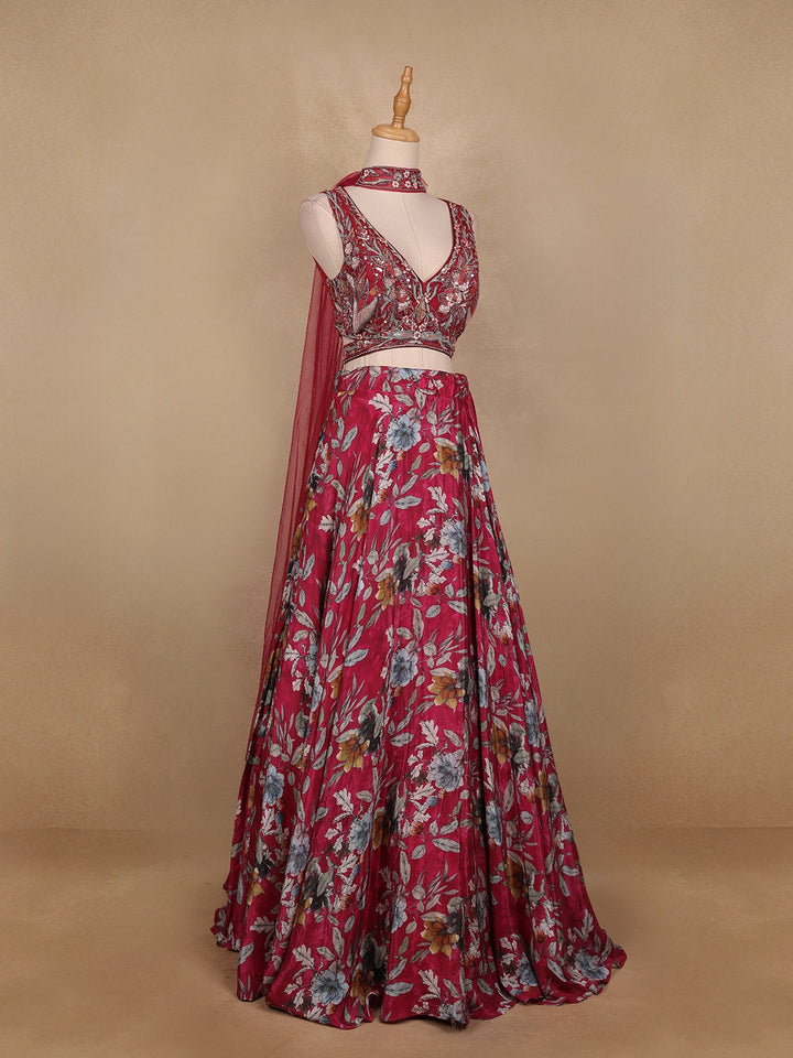 Red Floral Designed Semi Silk Bridesmaid Lehenga - Diadem