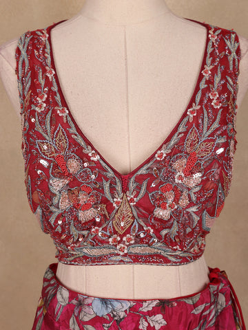 Red Floral Designed Semi Silk Bridesmaid Lehenga - Diadem
