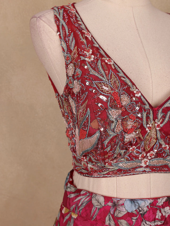 Red Floral Designed Semi Silk Bridesmaid Lehenga - Diadem