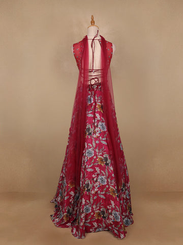 Red Floral Designed Semi Silk Bridesmaid Lehenga - Diadem