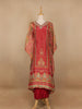 Red Floral Designed Semi Silk Kaftan Suit