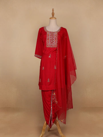 Red Floral Designed Semi Silk Salwar Suit - Diadem