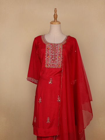 Red Floral Designed Semi Silk Salwar Suit - Diadem