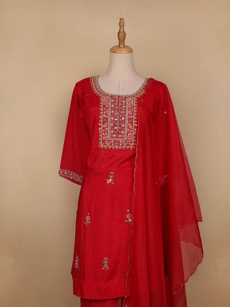 Red Floral Designed Semi Silk Salwar Suit - Diadem