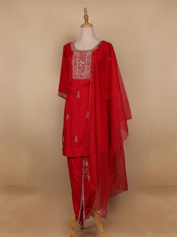 Red Floral Designed Semi Silk Salwar Suit - Diadem