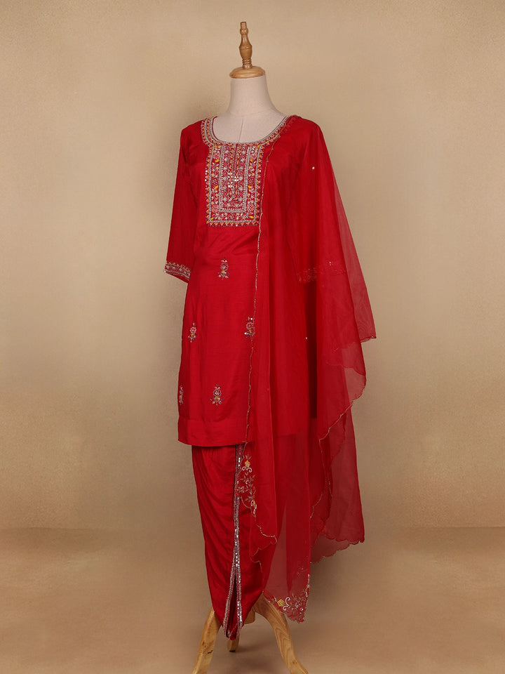 Red Floral Designed Semi Silk Salwar Suit - Diadem
