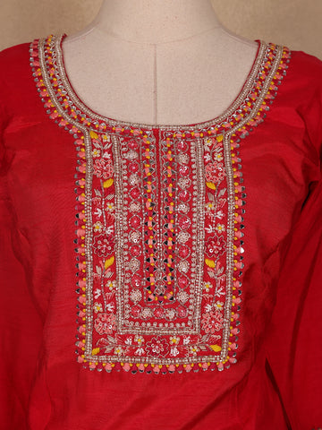 Red Floral Designed Semi Silk Salwar Suit - Diadem