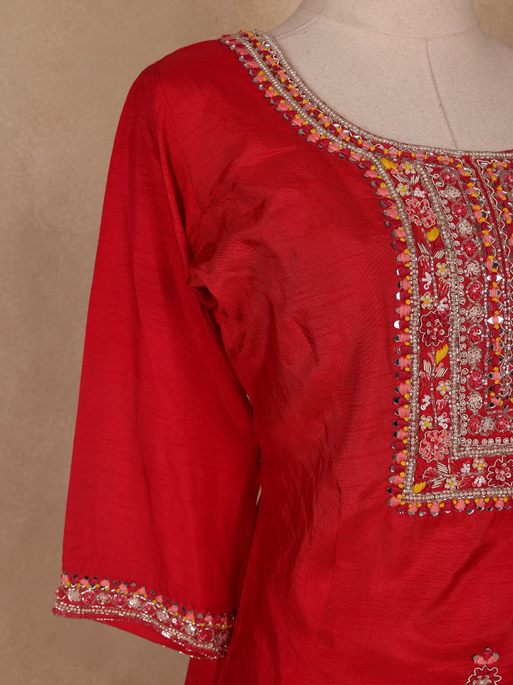 Red Floral Designed Semi Silk Salwar Suit - Diadem