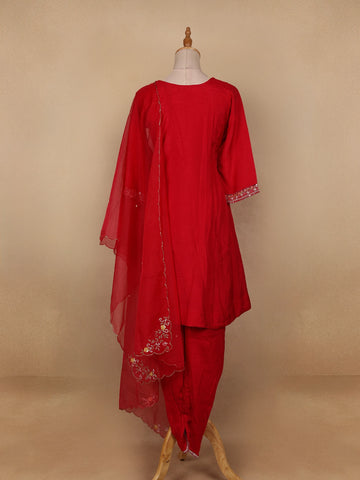 Red Floral Designed Semi Silk Salwar Suit - Diadem