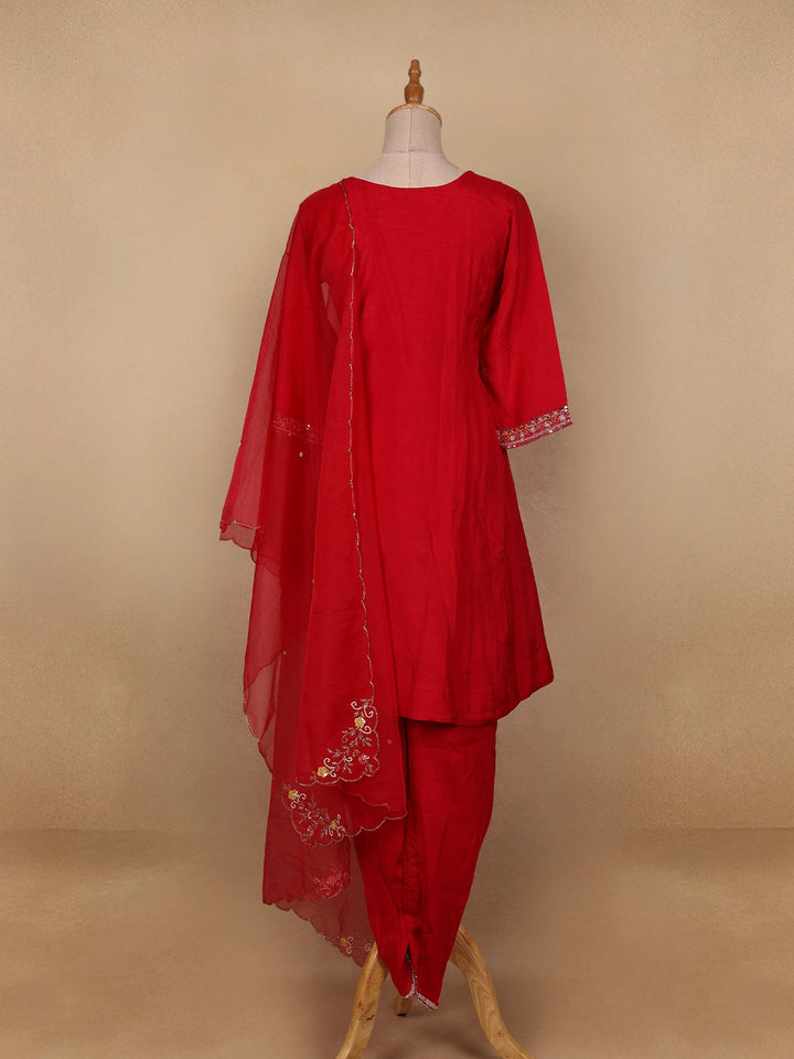 Red Floral Designed Semi Silk Salwar Suit - Diadem