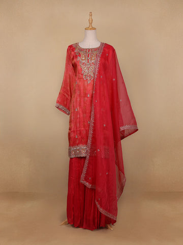Red Floral Designed Semi Silk Straight Cut Salwar Suit - Diadem