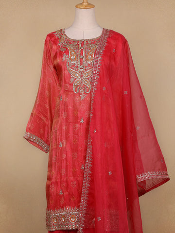 Red Floral Designed Semi Silk Straight Cut Salwar Suit - Diadem