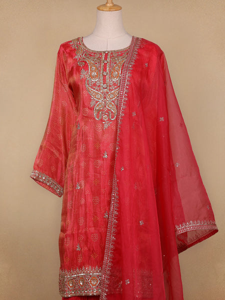 Red Floral Designed Semi Silk Straight Cut Salwar Suit - Diadem