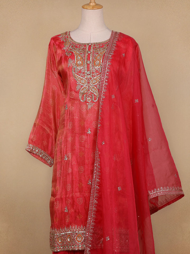 Red Floral Designed Semi Silk Straight Cut Salwar Suit - Diadem