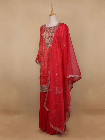 Red Floral Designed Semi Silk Straight Cut Salwar Suit - Diadem