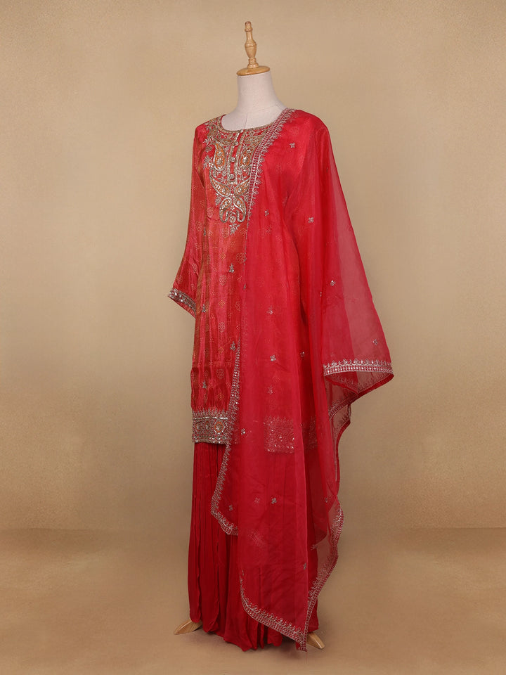 Red Floral Designed Semi Silk Straight Cut Salwar Suit - Diadem