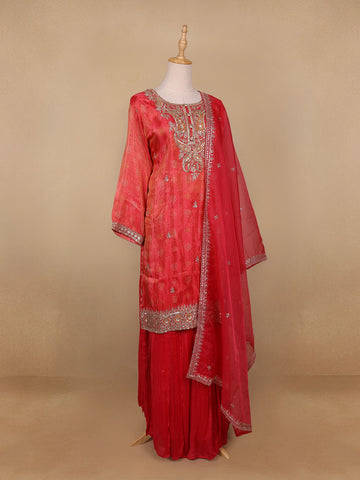 Red Floral Designed Semi Silk Straight Cut Salwar Suit - Diadem