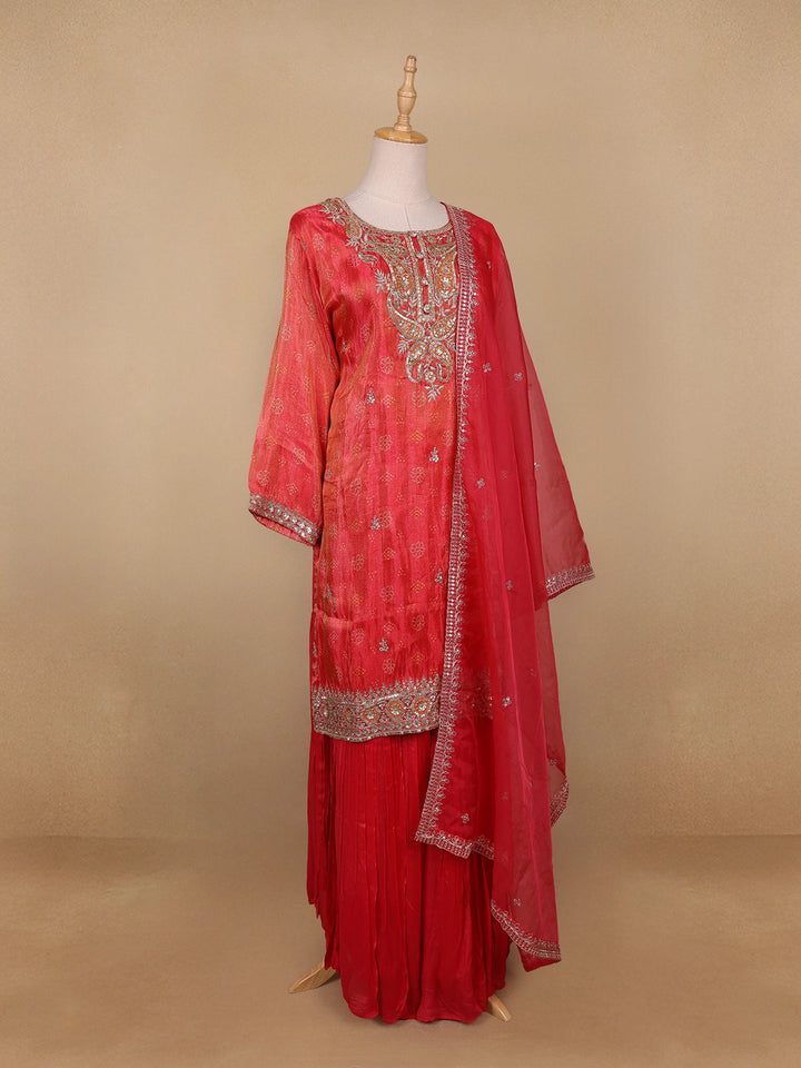 Red Floral Designed Semi Silk Straight Cut Salwar Suit - Diadem