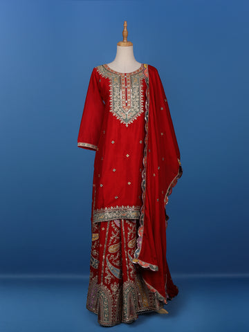Red Floral Designed Semi Silk Straight Cut Salwar Suit - Diadem