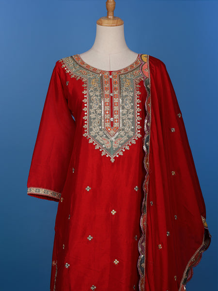 Red Floral Designed Semi Silk Straight Cut Salwar Suit - Diadem