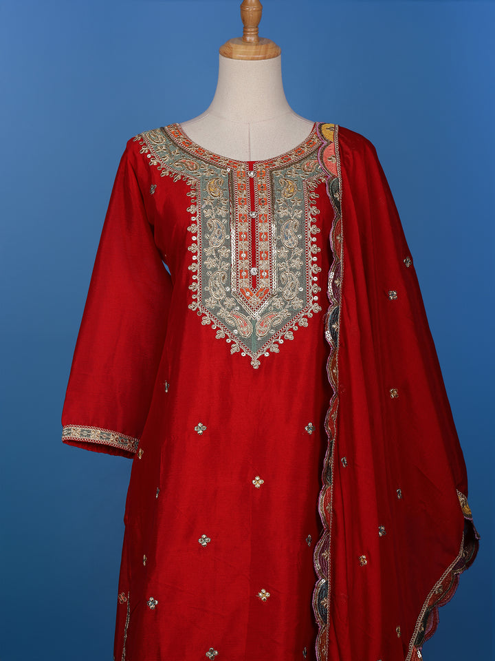 Red Floral Designed Semi Silk Straight Cut Salwar Suit - Diadem