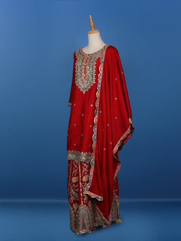 Red Floral Designed Semi Silk Straight Cut Salwar Suit - Diadem