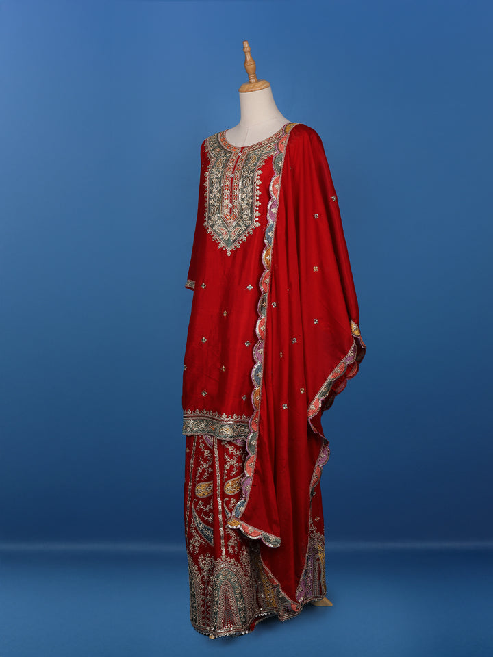 Red Floral Designed Semi Silk Straight Cut Salwar Suit - Diadem