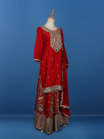 Red Floral Designed Semi Silk Straight Cut Salwar Suit - Diadem