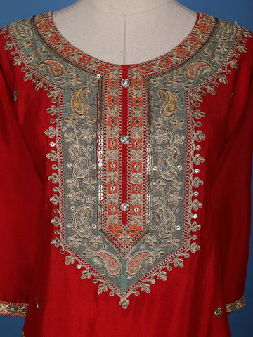 Red Floral Designed Semi Silk Straight Cut Salwar Suit - Diadem