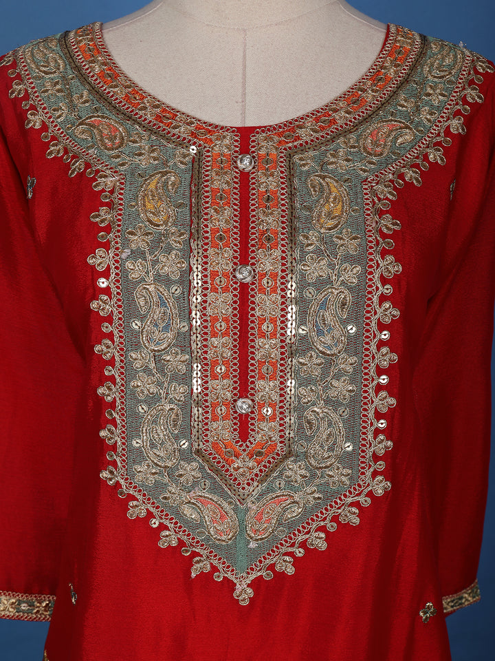 Red Floral Designed Semi Silk Straight Cut Salwar Suit - Diadem