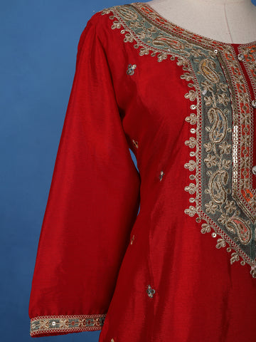 Red Floral Designed Semi Silk Straight Cut Salwar Suit - Diadem